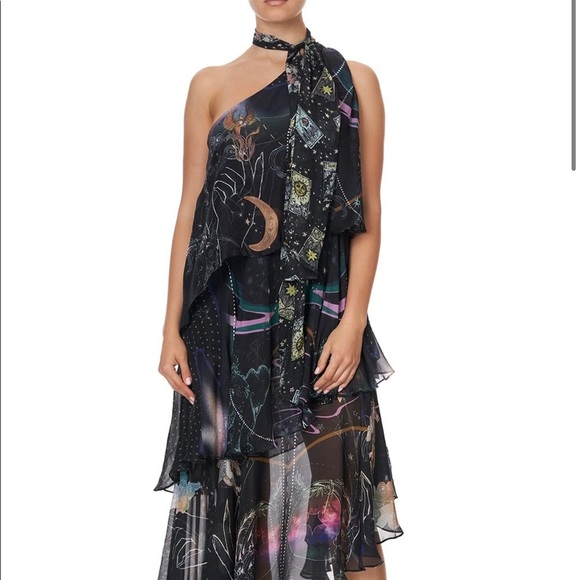 Camilla Asymmetrical Neck Tie Midnight Moon Dress - Picture 5 of 16